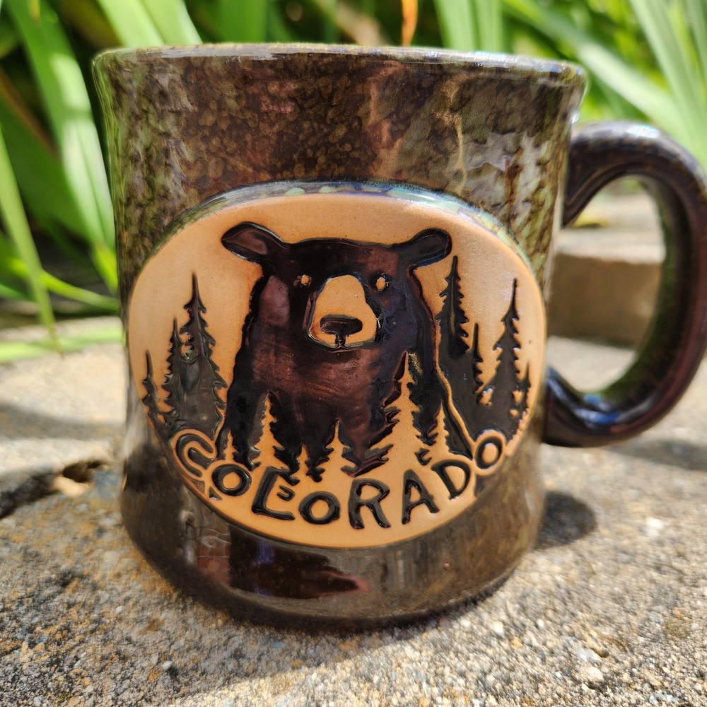 Colorado Black Bear Stoneware Coffee Mug Rustic Green Brown Glaze Wildlife Lodge
